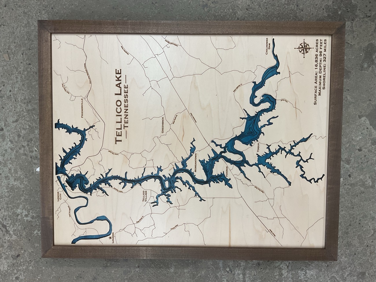 Lake depth-contour wood map listed in the marketplace