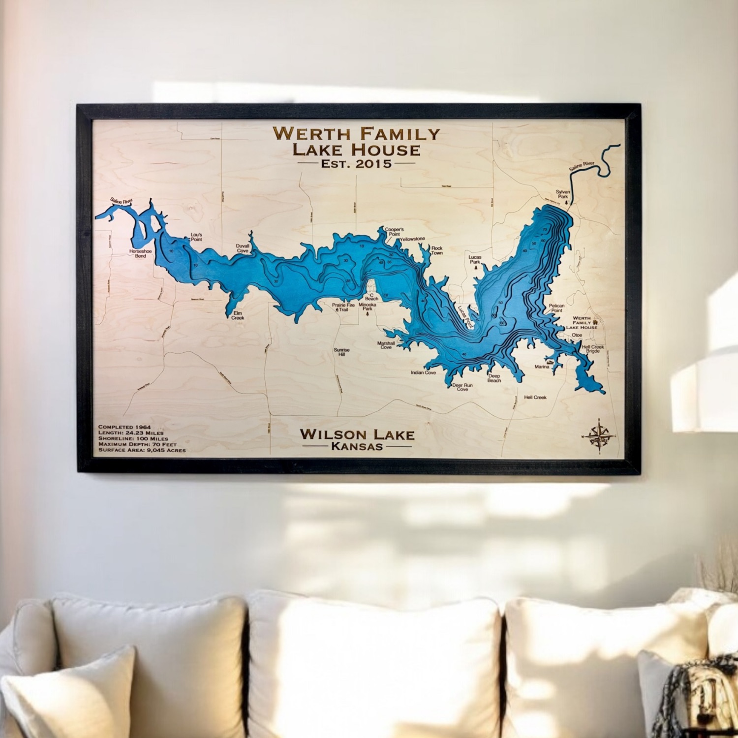 Wilson Lake, Kansas personalized depth-contour wood map on a wall