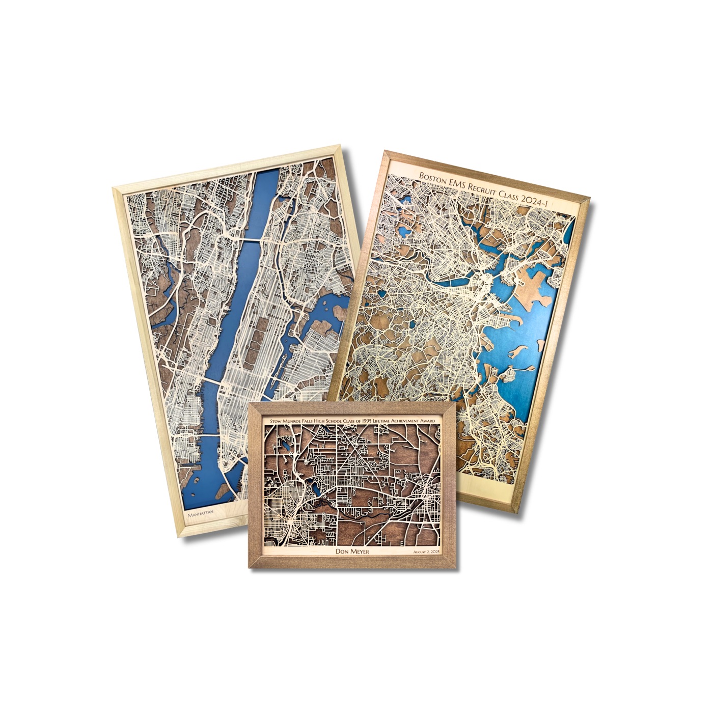 Custom city street wood maps — Manhattan, Boston and a personalized award map